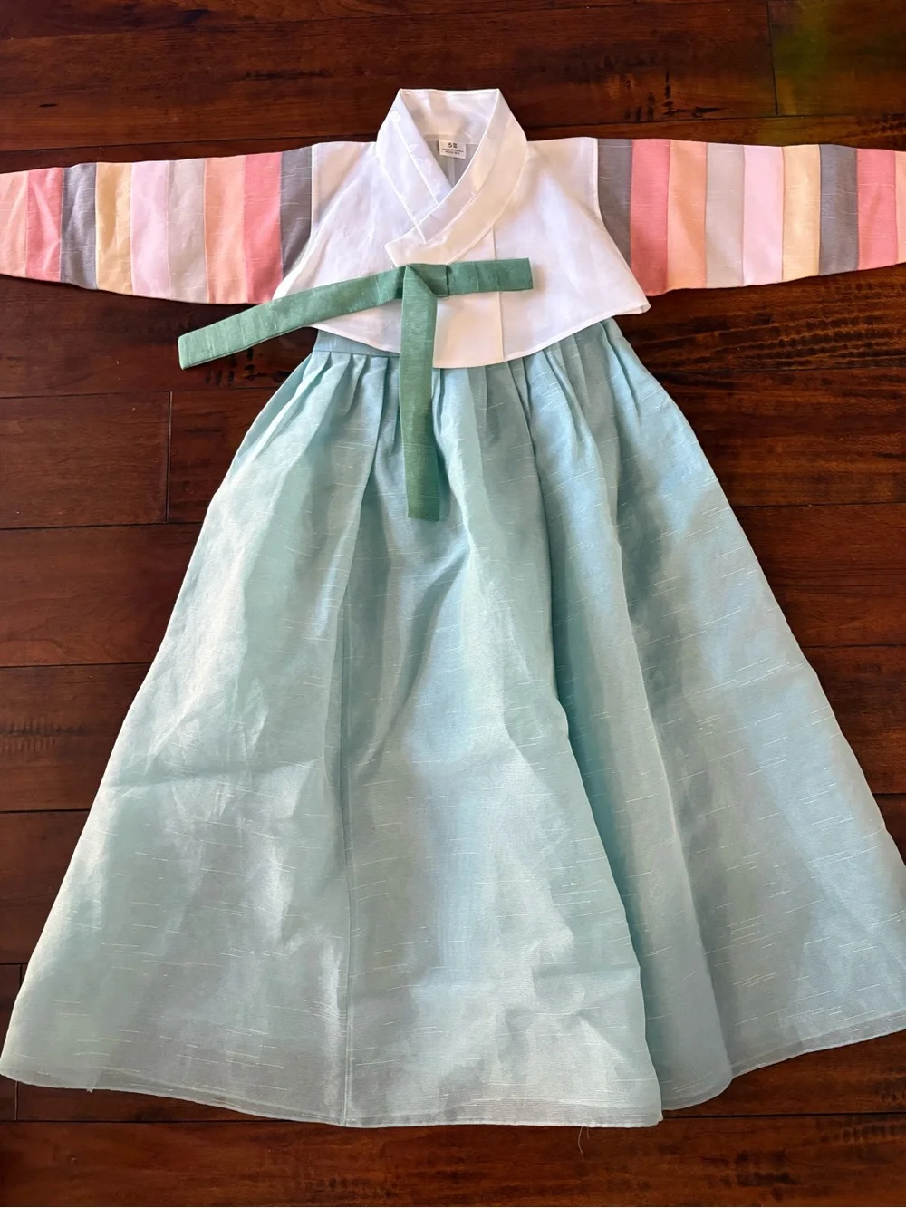 Traditional Korean Hanbok Dress - Mint Green Skirt with Pastel Striped Sleeves